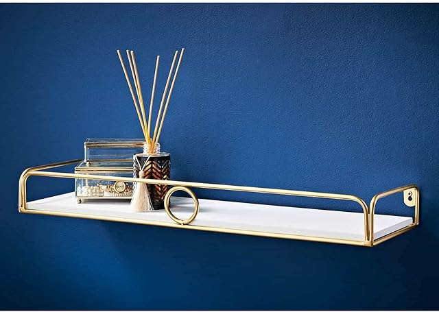 spot on dealz® White Floating Shelf 60cm Length With Small Gold Ring Design Display Wall Shelves for Living Room or Bed Room