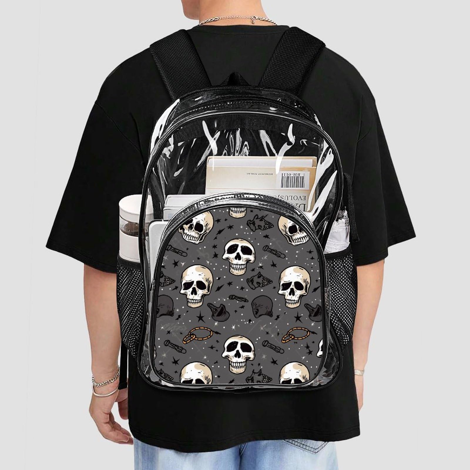 Transparenter Rucksack mit Totenkopf und Blitz, groß, transparent, PVC, Büchertasche für Sicherheit, Arbeit, Reisen, Stadion