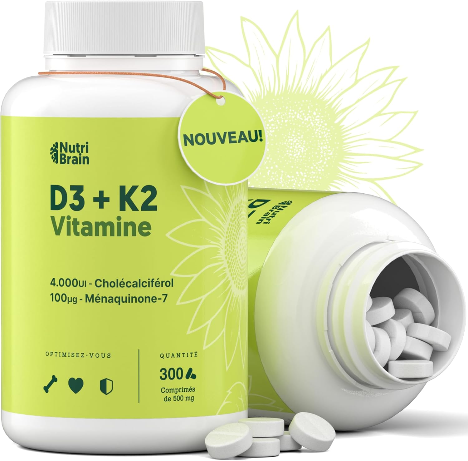 Vitamin D3 and K2 4000-300 Tablets – 10 Months | Premium: MK-7 100% All-Trans Maximum Bioavailability | Supports Bones, Immune System & Heart