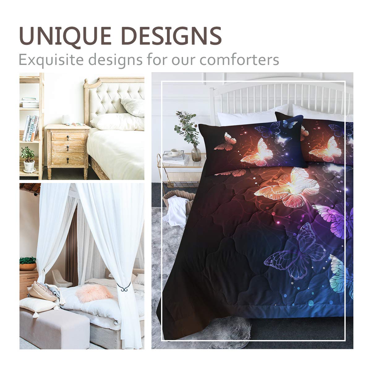 BlessLiving 3 Piece Butterfly Comforter Set Full/Queen Size Purple Blue Butterflies Bedding Set for Girls Women Glowing Butterfly Comforter and Sheet Sets (Full/Queen)