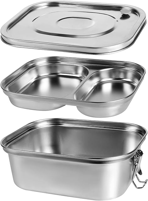 DREETINO 1350ml large sealed leak-proof double-layer stainless steel lunch box rectangular lunch box metal children's adult lunch box Eco-Friendly, Dishwasher Safe, BPA-Free - All Stainless