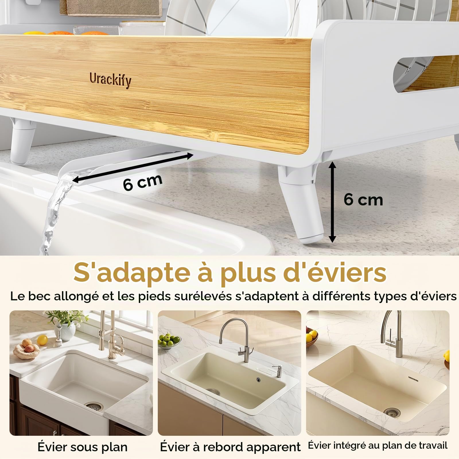 Urackify Égouttoir à Vaisselle, INOX | Acier Inoxydable et Bambou, Porte-Ustensiles Amovible, Auto-Vidange, pour Comptoir