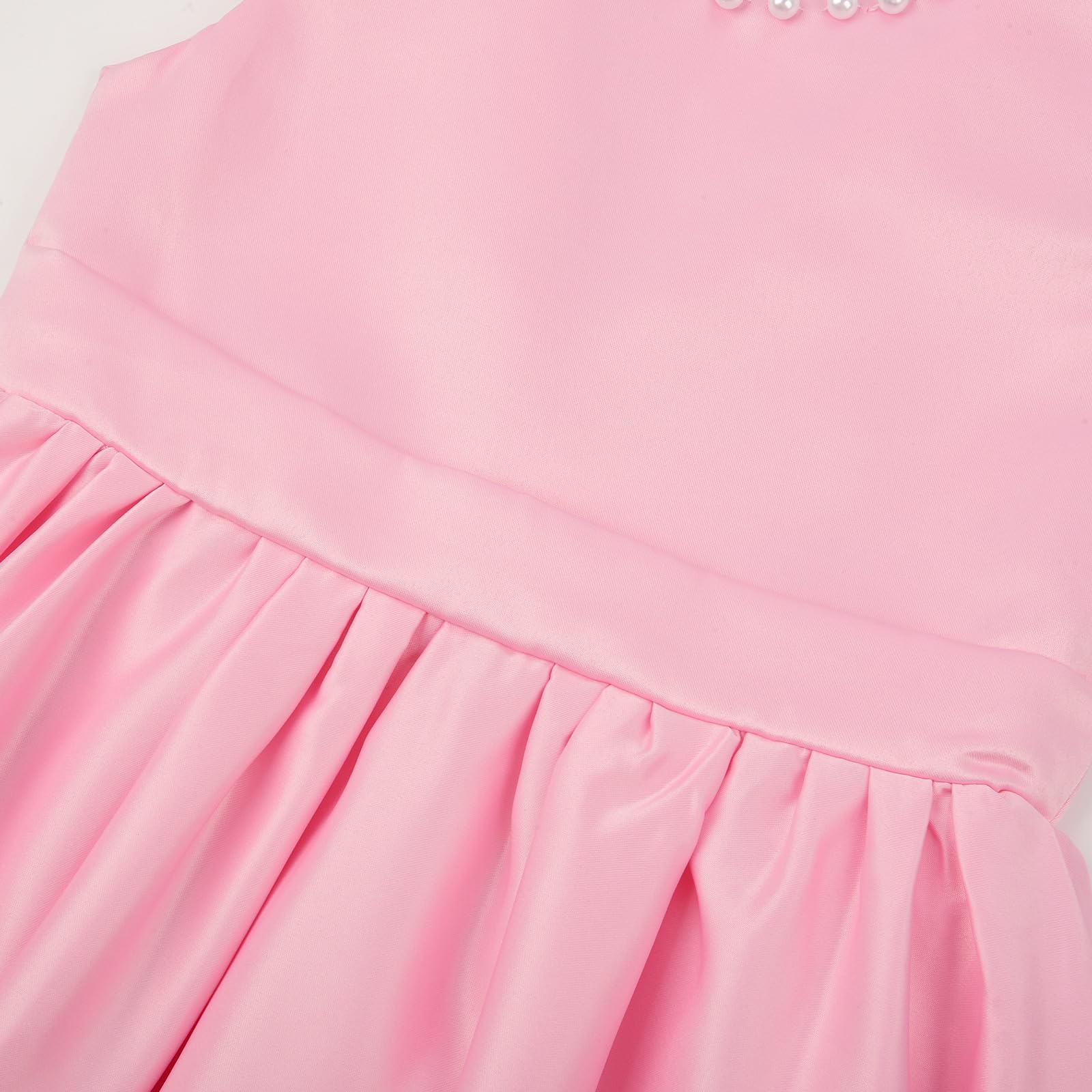 Uhnice Vestito Bambina Cerimonia Satin Maniche Svolazzanti con Perle Lunghezza Ginocchio con Fiocco Rimovibile