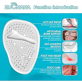 ZUCNANA Ball of Foot Cushions (2 Pairs Gel Shoe Inserts), Heel Inserts for Women, Non Slip Heel Pads, Heel Cushions for Women Foot Pain Relief and Comfort, One Size Fits Any (Clear)