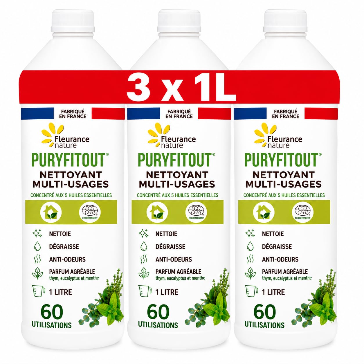 Puryfitout | Détergent Multi-Surfaces | Huiles Essentielles | Bio | 3 X 1L