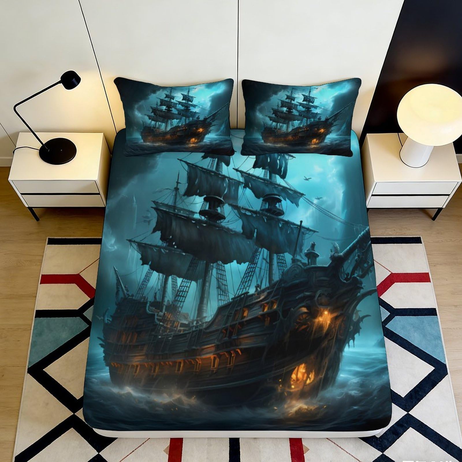 3D Printed Pirate Ship Fitted Sheet Microfiber Soft Ocean Night Bed Cover for Bedroom Dorm Mattress Decor 90x200x25cm