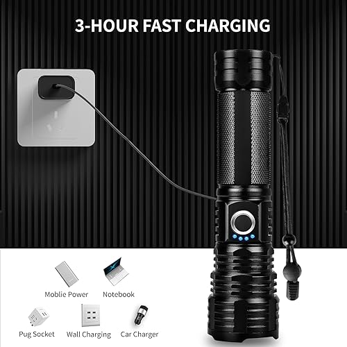 Miniatura 3 de Lylting Linternas LED recargables de alto lúmenes, 900.000 lúmenes, linterna de mano más brillante, 5 modos, potente luz de flash multifuncional,