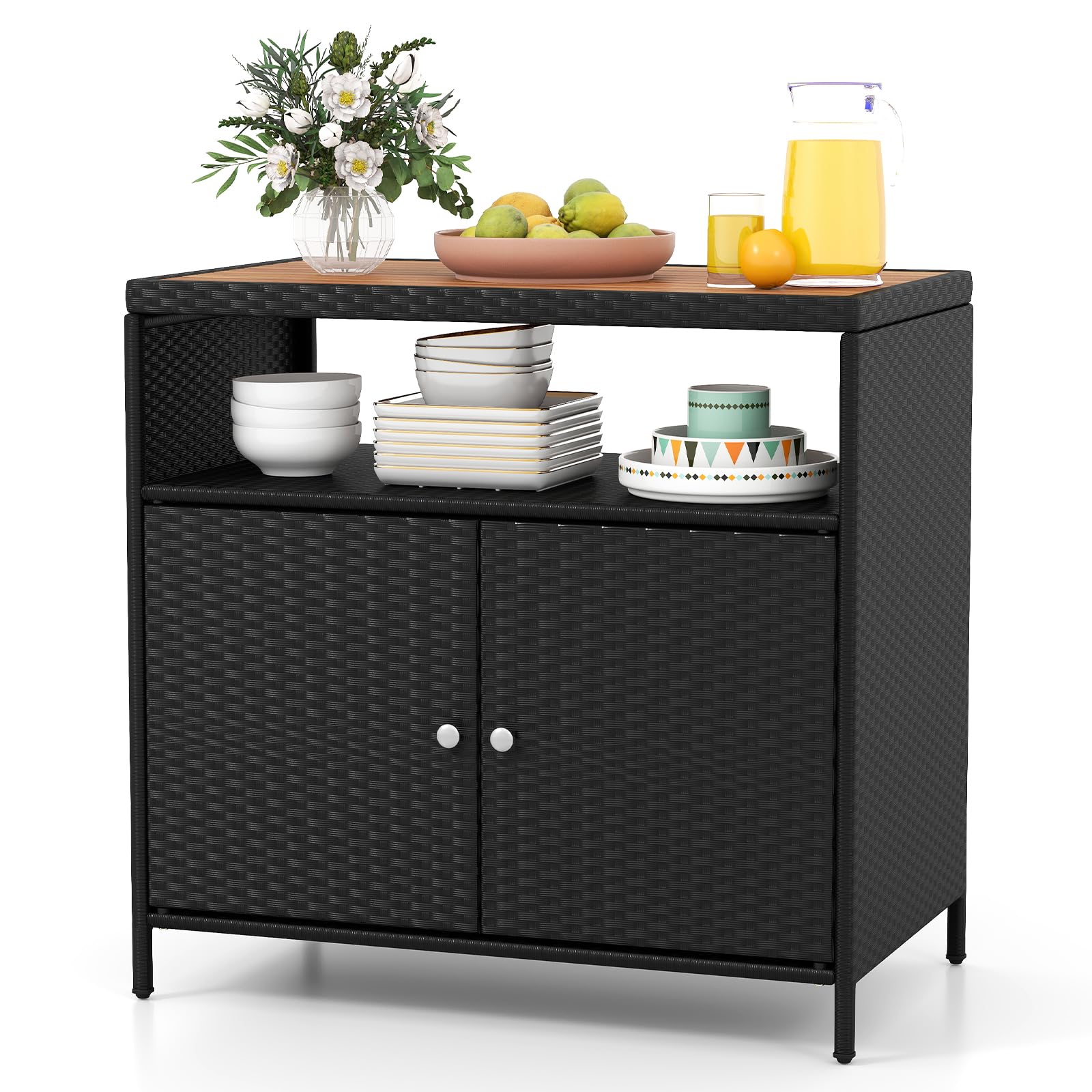 GIANTEX Armoire de jardin buffet en rotin avec plan de travail et étagère, armoire d'appoint pour jardin, balcon et piscine, 90 x 53 x 86 cm, noire