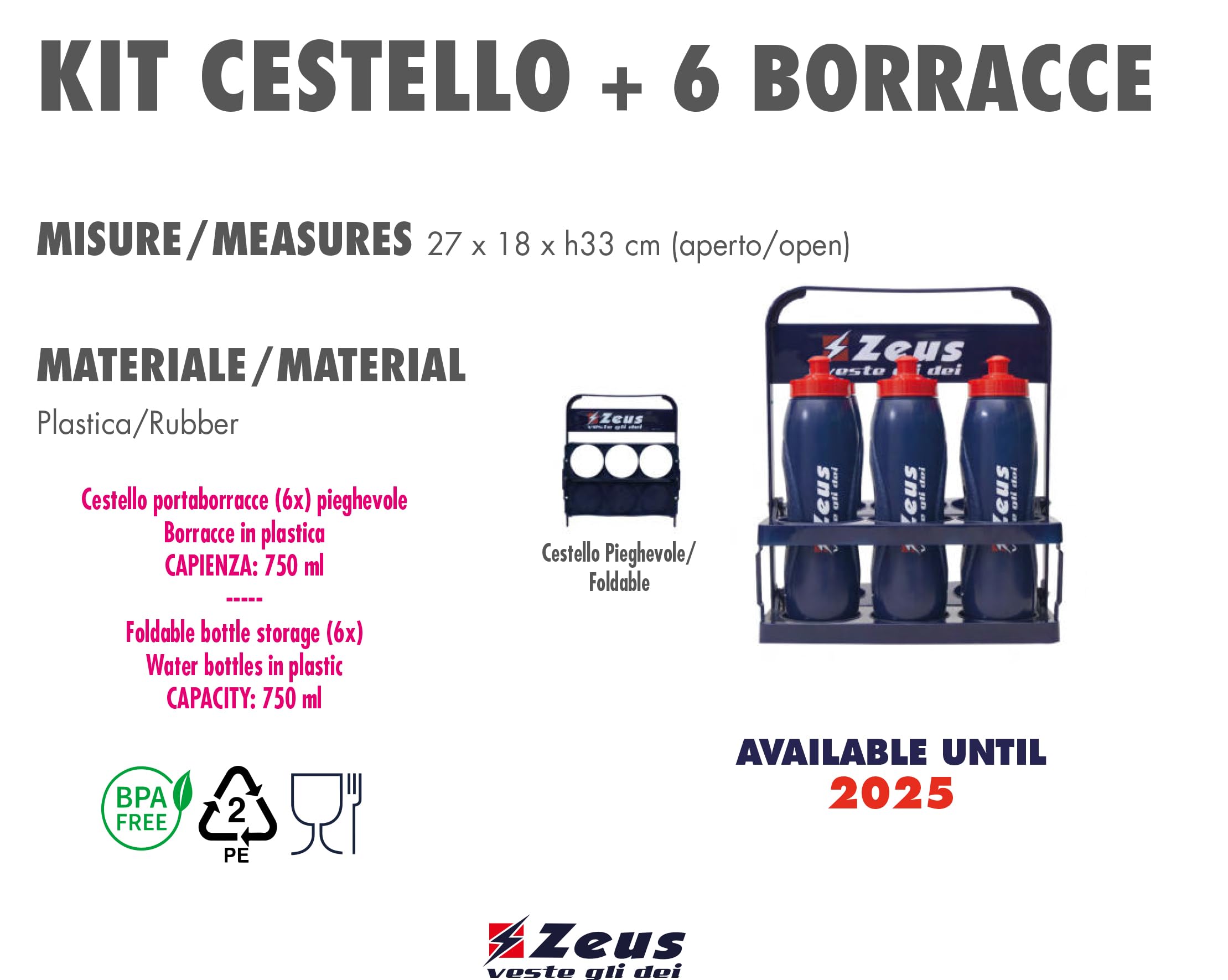 Etoile Kit Cestello con 6 Borracce per Zeus Sport Calcio Calcetto Relax Fitness Palestra Ciclismo Training Allenamento Accessori Partita Gara Tempo Libero Equipment
