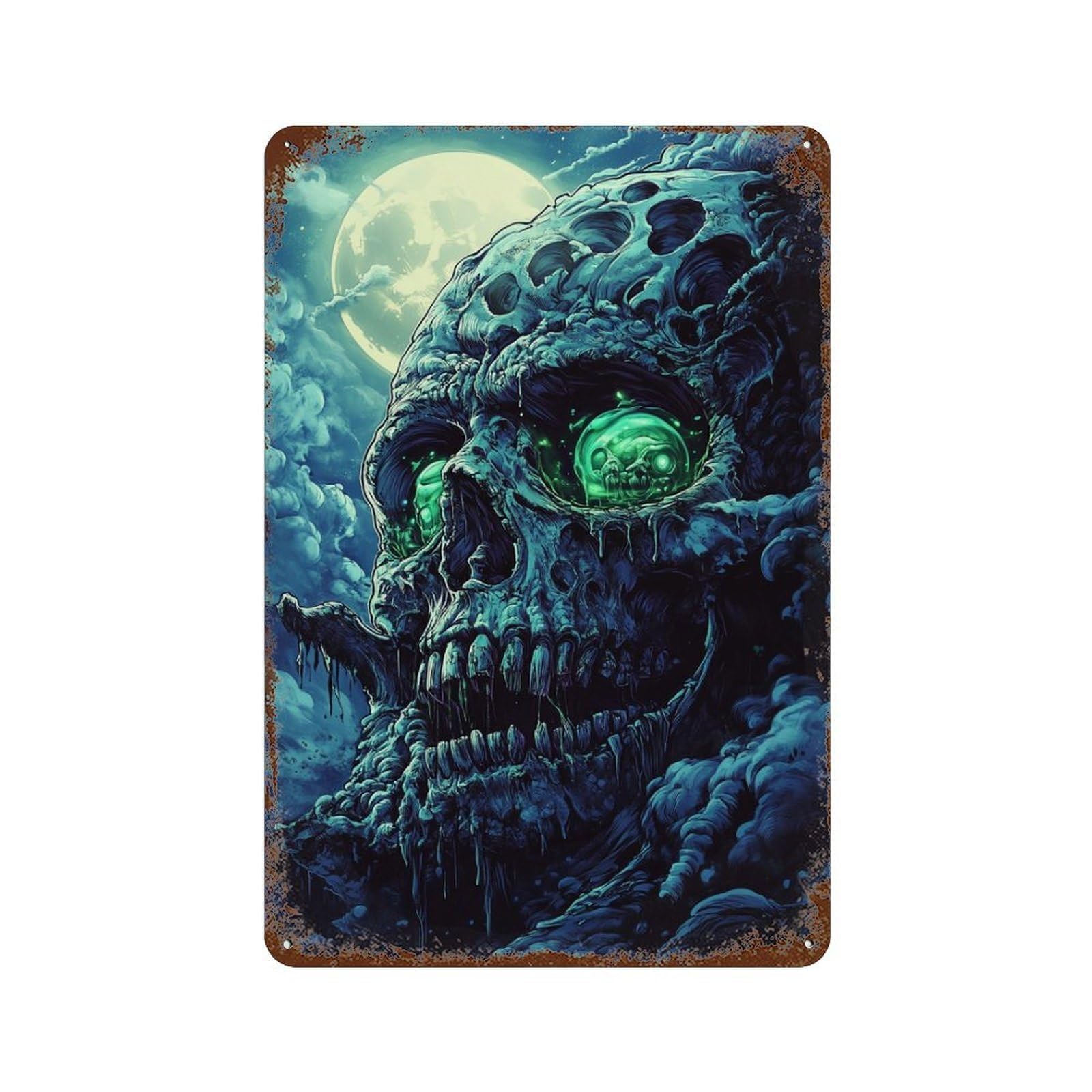 Garage Style Spooky Skull with Glowing Eye Rustic Tin Plaque 11.8"x7.9", Farmhouse Wall Decor for Bar And Workshop