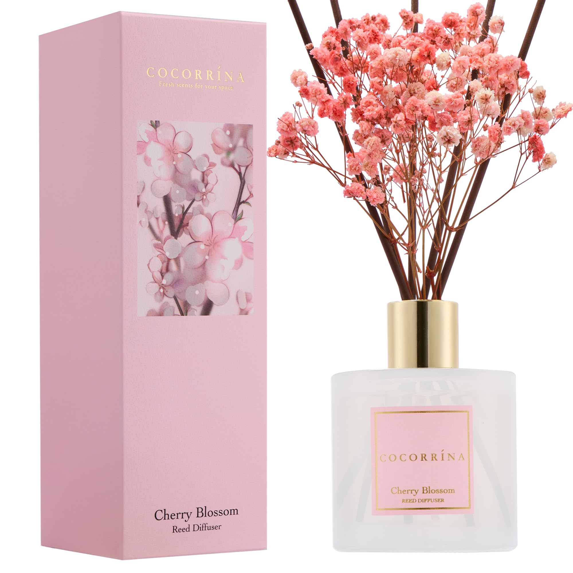 COCORRÍNA Reed Diffuser - Cherry Blossom 6.7 Fl.oz Reed Diffuser Set with Sticks &amp; Preserved Baby's Breath, Reed Diffuser for Home Bathroom Shelf Decor