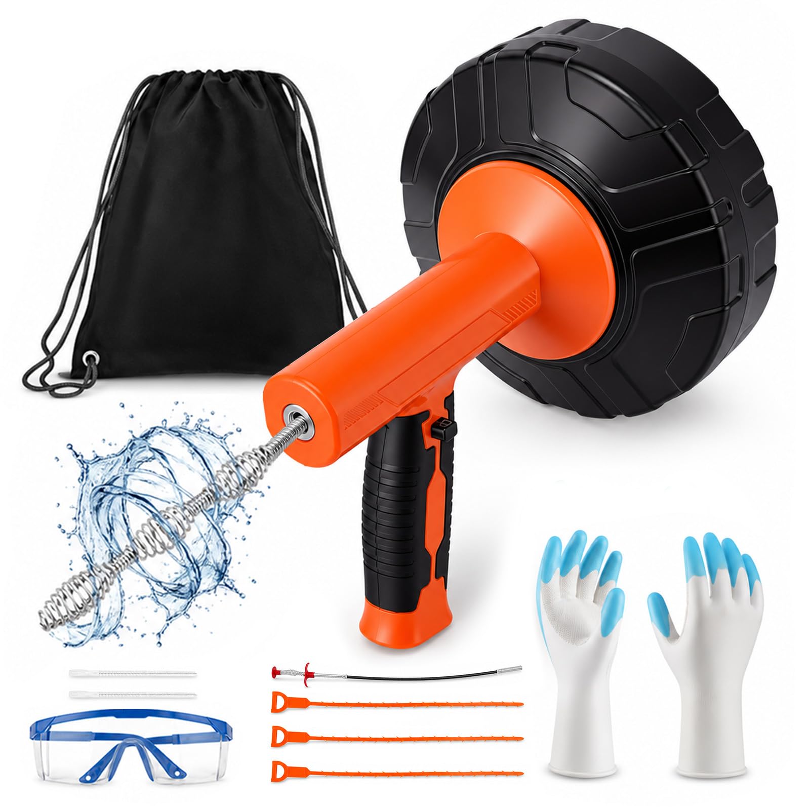 Rohrreinigungsspirale 14m mit Bohraufsatz, 2-in-1 Manuell & Elektrisch, Rohrreiniger für Küche Bad Dusche, Flexible Stahlfeder zur Entfernung von Haaren Fett und Verstopfungen, DIY Werkzeug Set