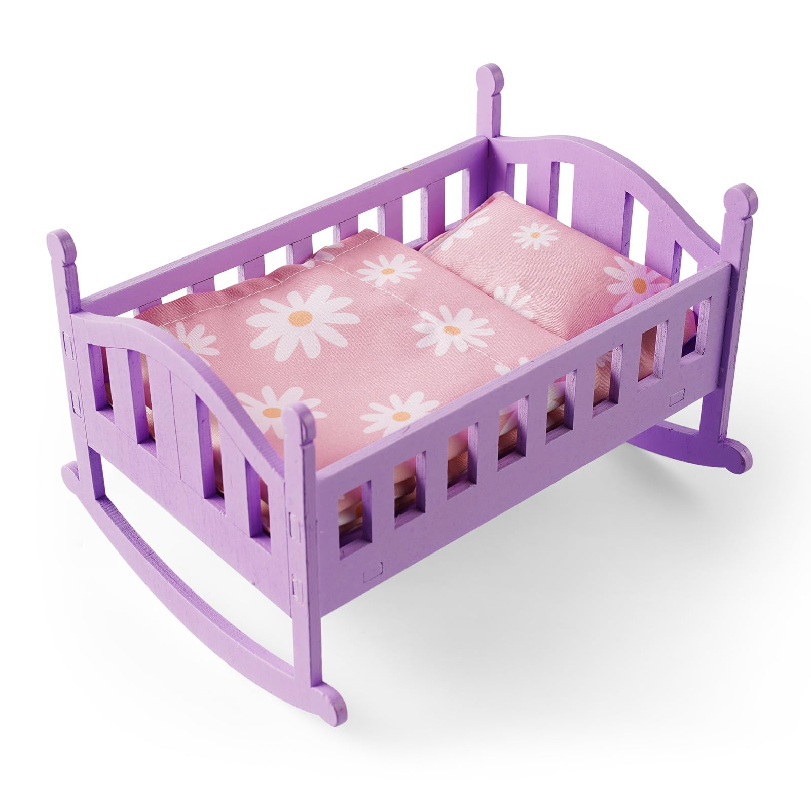 BABESIDE 4 Pcs Baby Doll Crib Set for Mini Baby Dolls Up to 6 Inch, Wooden Baby Doll Bed Doll Furniture with Doll Bedding Set for Kids Pretend Play Toys, Only Purple Babydoll Cradle