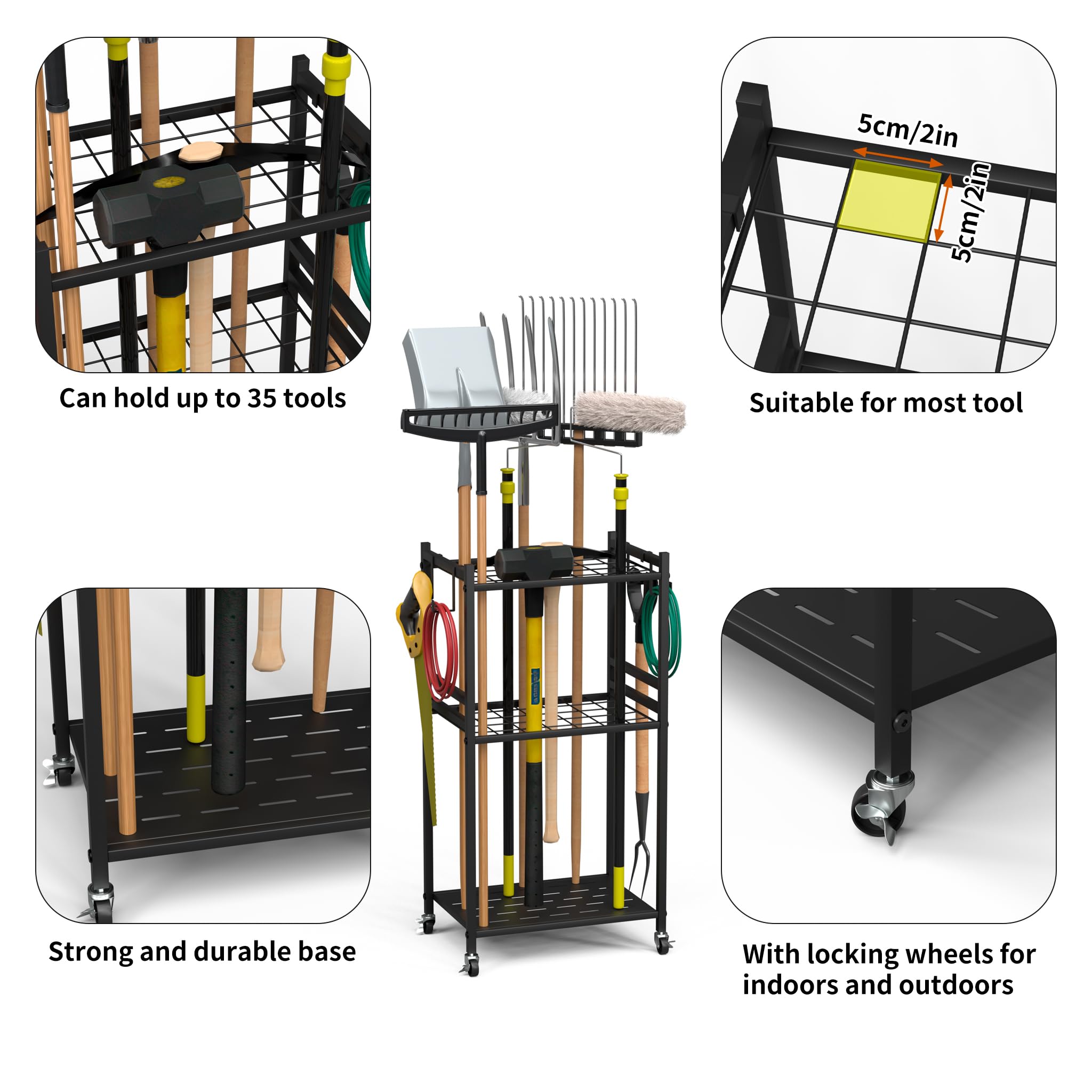 Anvuda Organizer per Attrezzi da Giardino,Porta Attrezzi da Giardino,Supporto Metallo con 3 Livelli e Ruote, Conservazioneper fino a 35 Attrezzi/Scope/Rastrelli a ManicoLungo,42x30x80cm