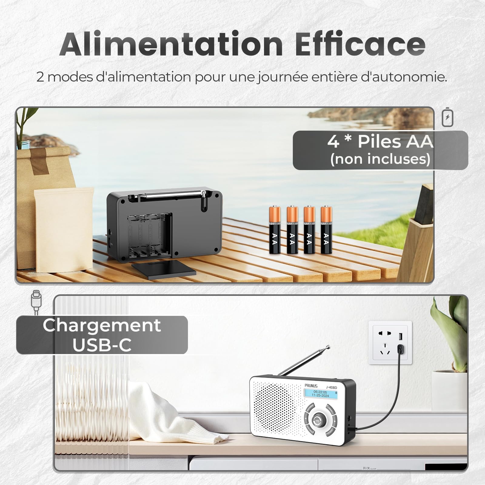 PRUNUS J-408 Radio Dab/Dab+ Portable Numérique avec Batterie Rechargeable 2000mAh, FM Radio Dab Plus avec Bluetooth, Double Réveil, Minuterie de Mise en Veille, USB-C, 40 Stations Préréglées