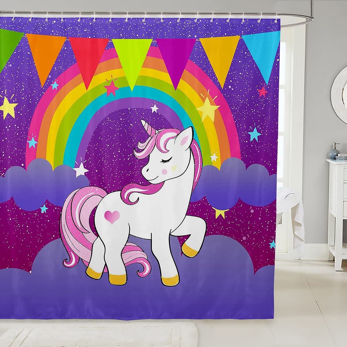 Girls Unicorn Shower Curtain Girls Bath Curtain Cute Rainbow Unicorn Print Bathroom Sets Kids Cartoon Kawaii Bathroom Curtains Galaxy Stars Fantasy Girls Room Decor Unicorn Purple 72" W x 78" L
