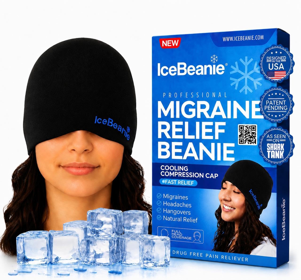 ICE BEANIE Migräne Kopfschmerzen Relief Cap, Hot & Cold Therapy Head Wrap, Schwarz, Gel, One Size, Therapeutic