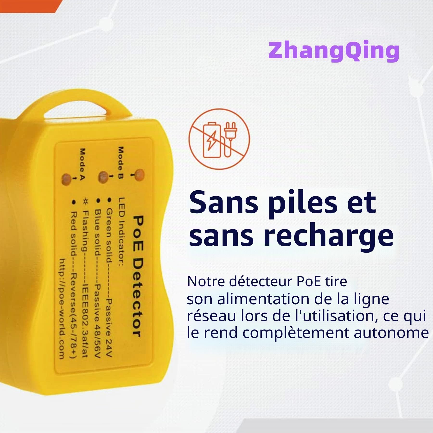 ZHANGQING Outil Test de détection Câble Ethernet de Détecteur PoE pour la Méthode et Tension Approximative Commutateur PoE, Outil Détection PoE pour Injecteur Passif 802.3af/802.3at/802.3bt 568A 568B