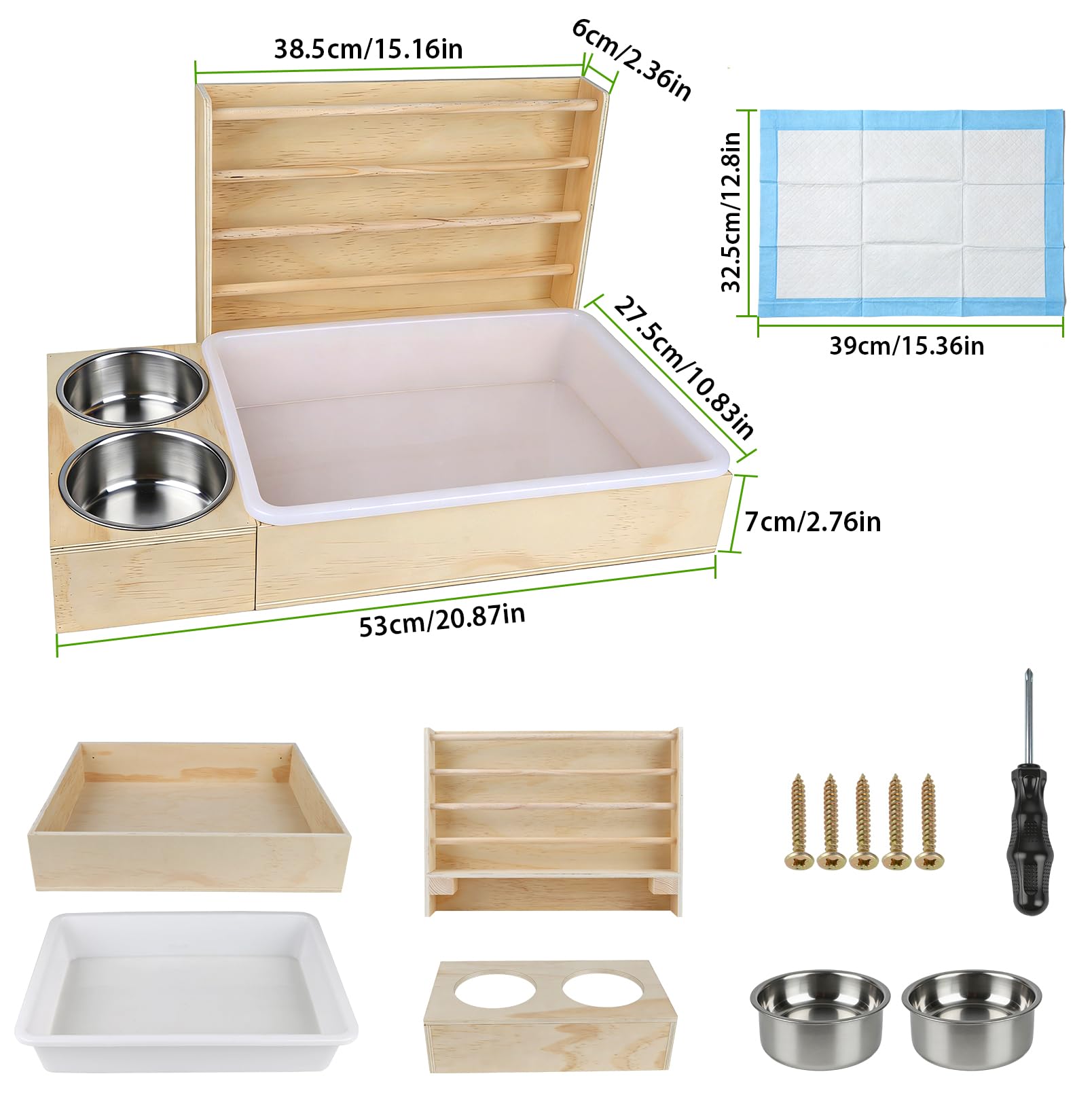 Mangeoire à foin 3 en 1 pour lapin avec bac à litière et bols - Station d'alimentation en bois avec support à foin - Distributeur de nourriture pour lapin - Pour cochon d'Inde, hamster, chinchilla et