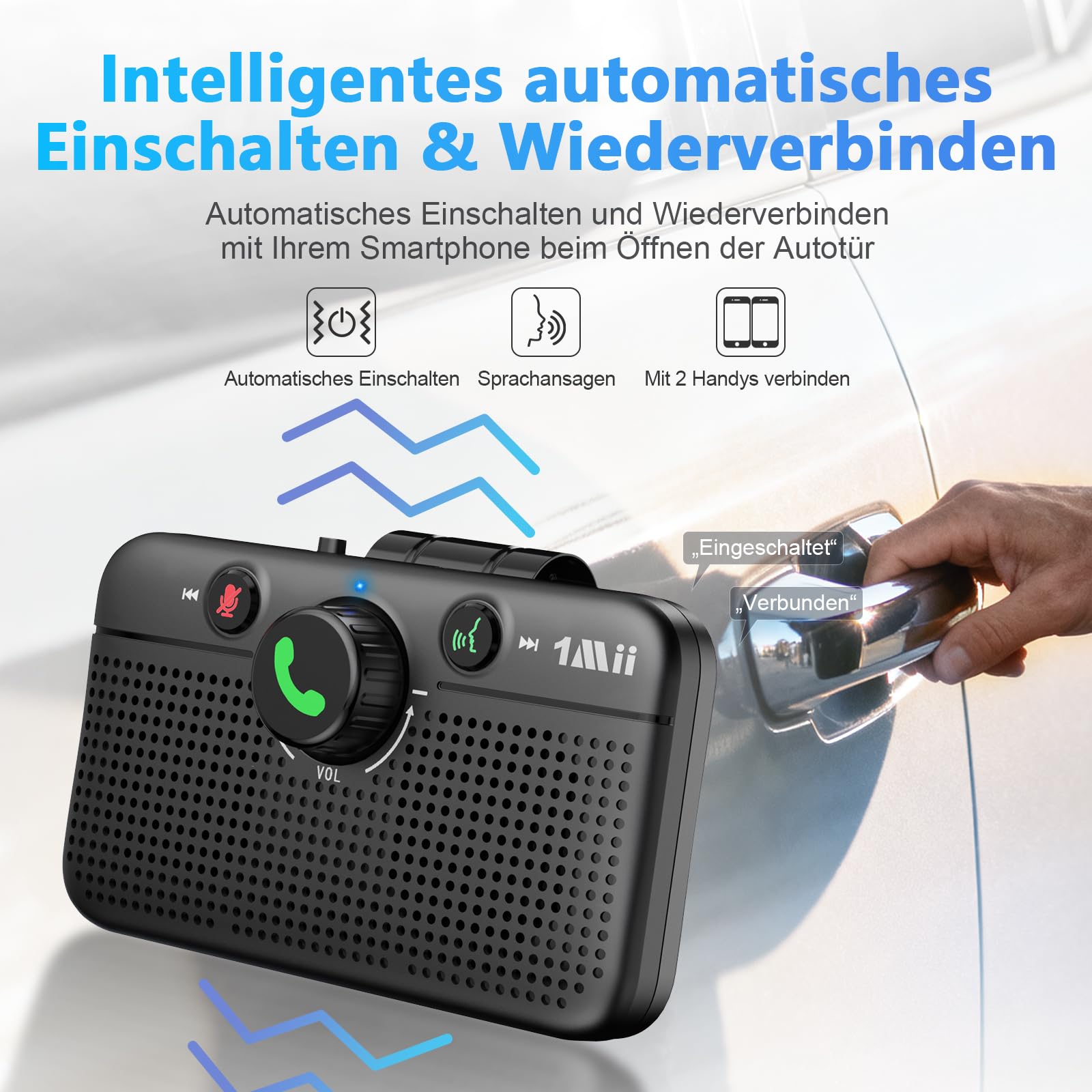 1Mii CarEcho MK02 Bluetooth 6.0 Freisprecheinrichtung für Auto, 5W Lautsprecher für Kristallklare Anrufe, Siri & Google Assistant, Automatisches Einschalten, Dual Verbindung, 35 Std Akku