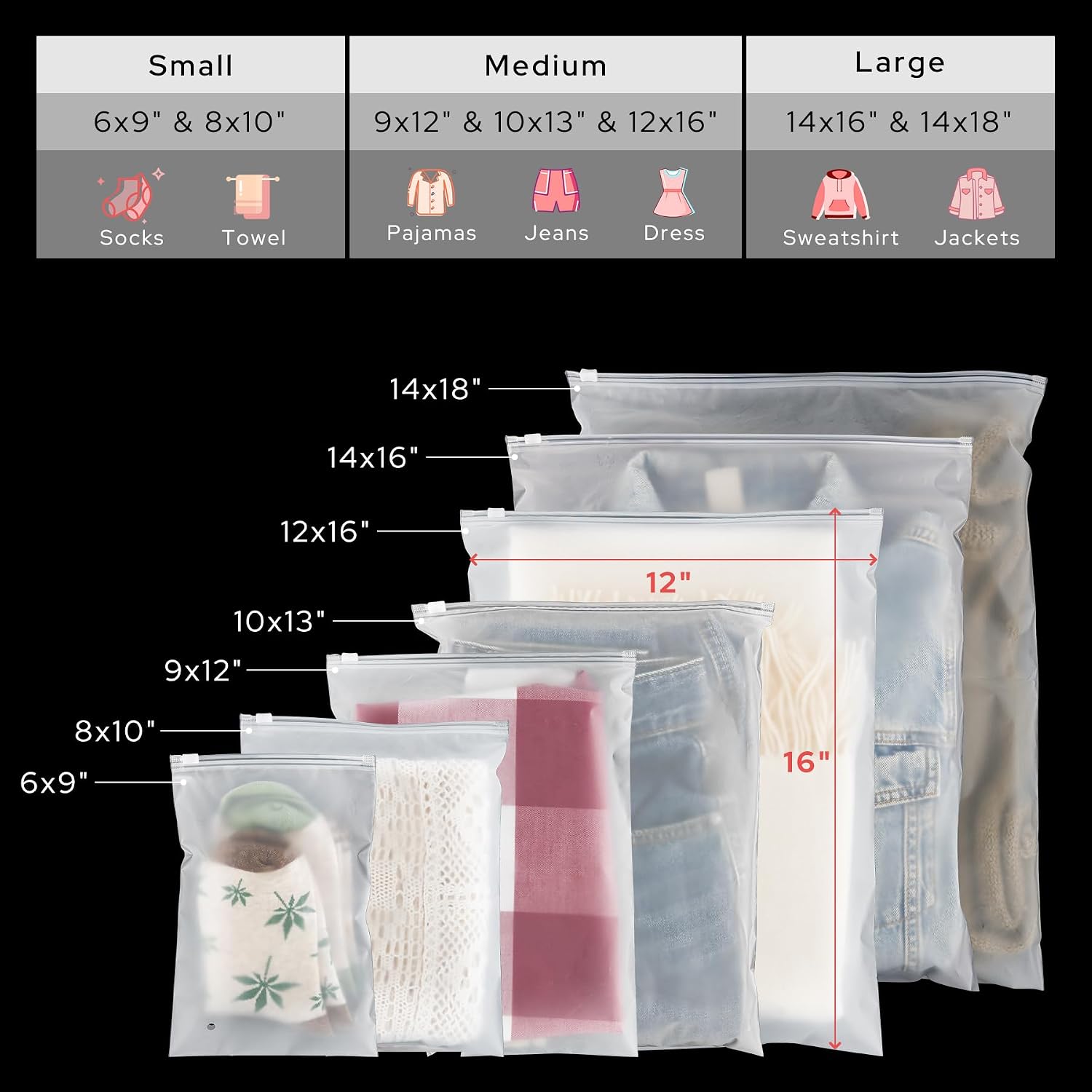 Golden State Art 50 Pack 12x16 Inch Frosted Zipper Plastic Bags for Clothing, Travel Storage Bags– 3 Mil Thick with Vent Holes