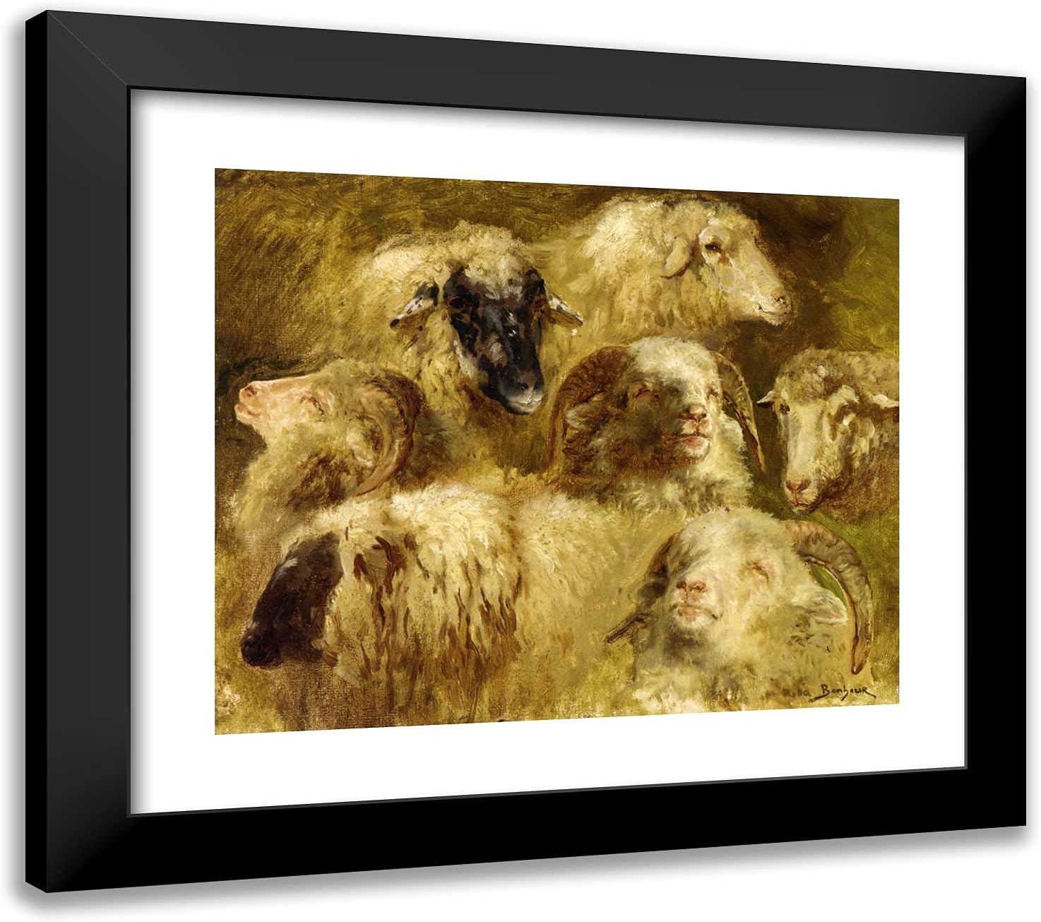 ArtDirect Bonheur Rosa 23x20 Gold Ornate Framed Art Print with Double Matting Titled: Heads of Ewes and Rams