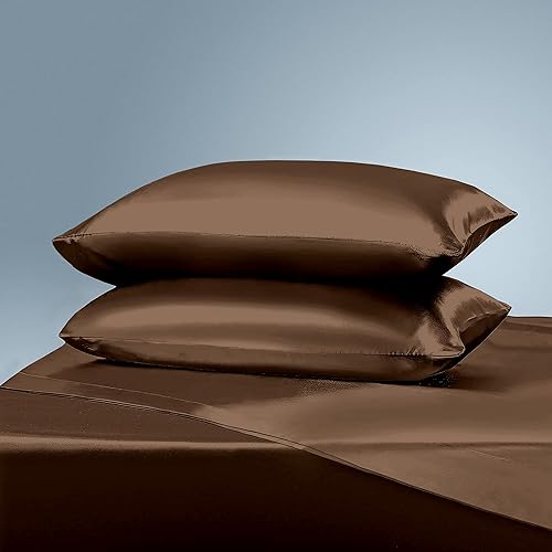 Miniatura 9 de PURE ECO Juego de sábanas de satén de seda de 4 piezas, tamaño matrimonial XL (54 x 80) + bolsillo profundo de 16 pulgadas, color negro, sábanas de