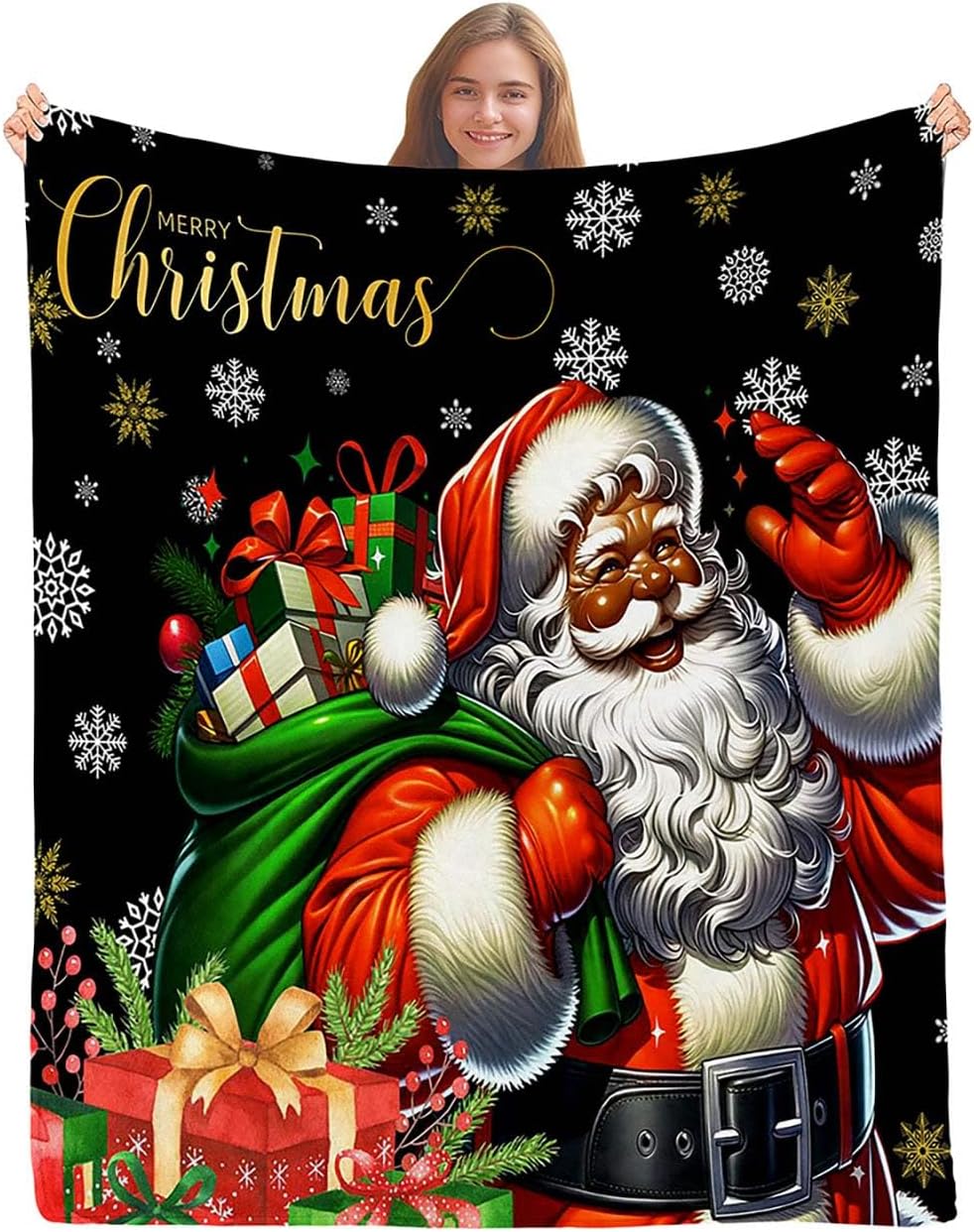 LUVIVIHOME African American Black Santa Claus Throw Blanket, Christmas Snowflake Xmas Gifts Winter Holiday, Soft Plush Flannel Fleece for Couch, Sofa, 40"x50"