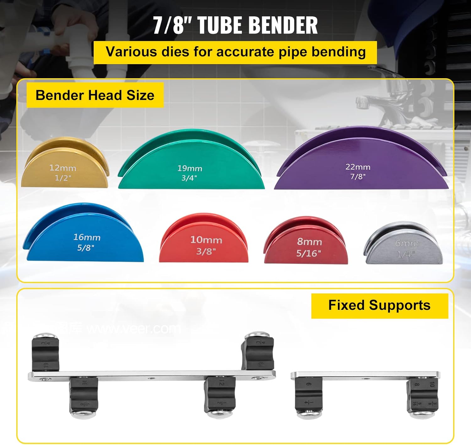 VEVOR Copper Pipe Bender, 7 Colorful Dies 1/4-7/8 inch 90 Degrees Forward and Reverse Bending, 6-22 mm for Copper & Aluminum Tubes with Reverse Bend Attachment