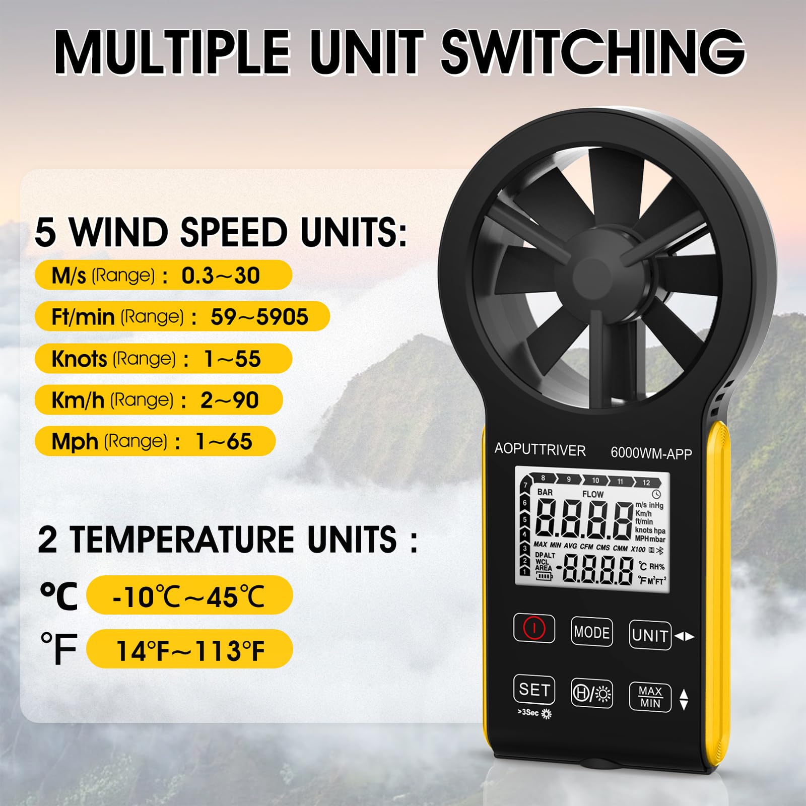 Handheld Windmesser mit APP Anemometer, CFM Anemometer mit Temperatur (°C/°F), 5 Einheiten, Windgeschwindigkeits-, Luftvolumen- und Temperaturmessung für HVAC, Schifffahrt-AP-6000WM-APP