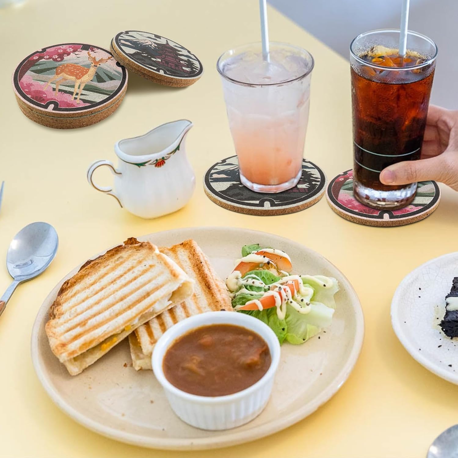 Japanese Coasters Japan Manhole Design Coasters for Drinks Cherry Blossom Koi Pagoda Deer Cork Coasters for Coffee Table Housewarming Birthday Gifts Set of 6 - Image 6