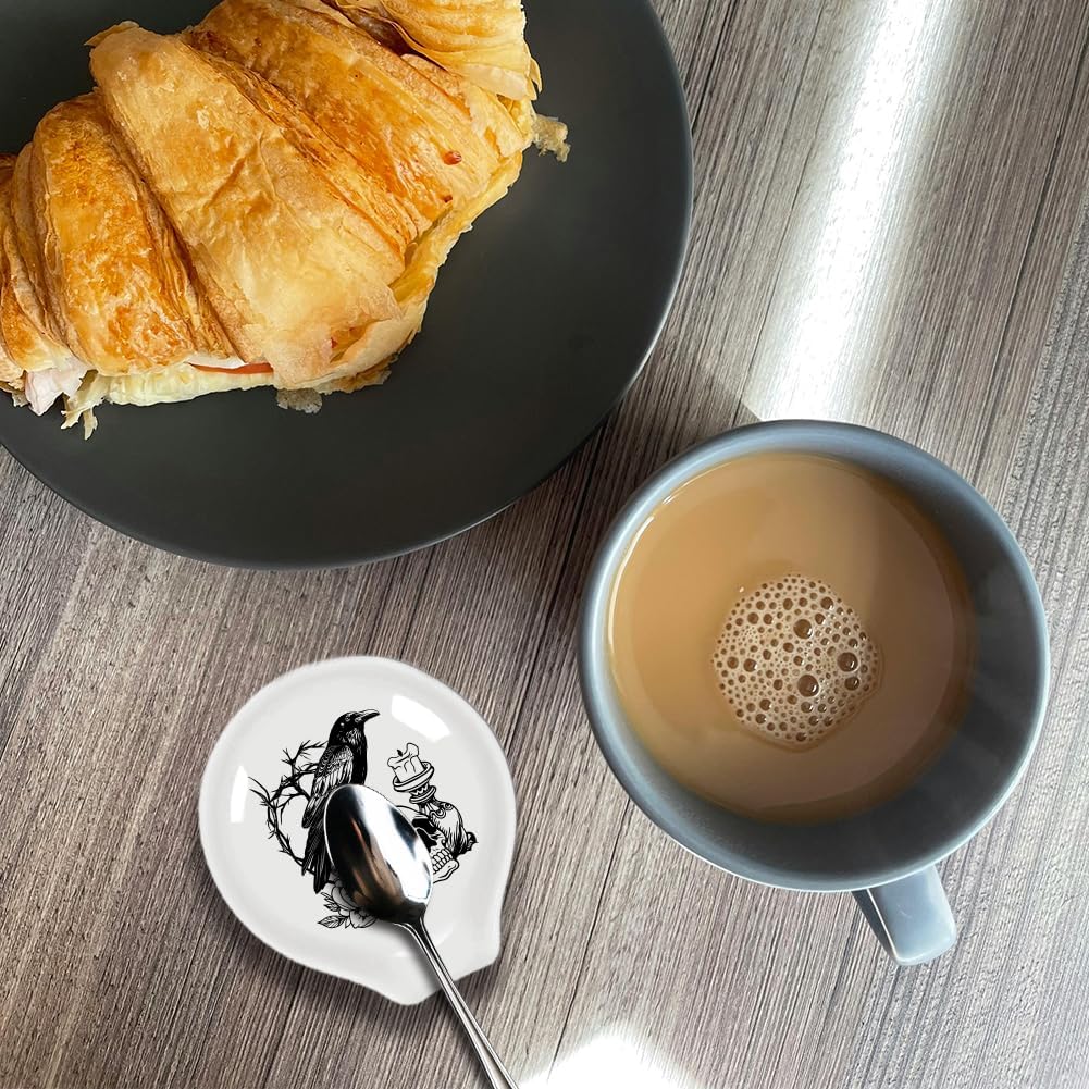 ANATTASOUL Crows & Skeletons 2Pcs Ceramic Spoon Rest for Coffee Bar