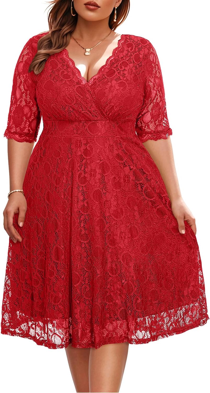 Women's Plus Size Wedding Guest Cocktail Party Semi Formal Lace Wrap V Neck Knee Length Dress - Image 4