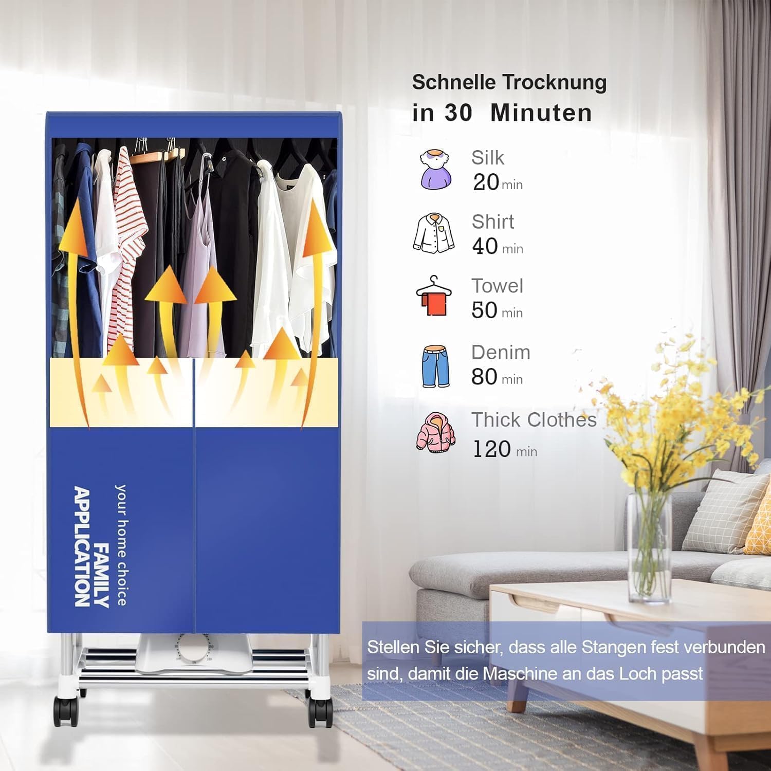 Kiseely Wäschetrockner, Tragbare Trockenmaschine mit Timer, 60inch Wäschetrockner mit großer Kapazität, elektrischer Trockner/Rack für Zuhause (Blau ME8)
