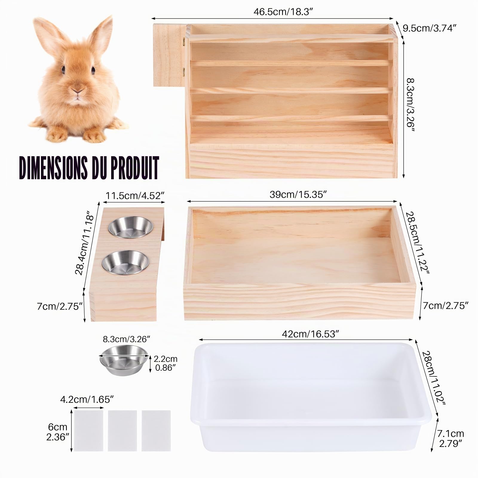 Grande mangeoire à Foin 4 en 1 pour Lapin avec bac à litière en Bois Automatique en Bois avec 2 Bols pour Lapins, cochons d'Inde, Chinchilla et Autres Petits Animaux