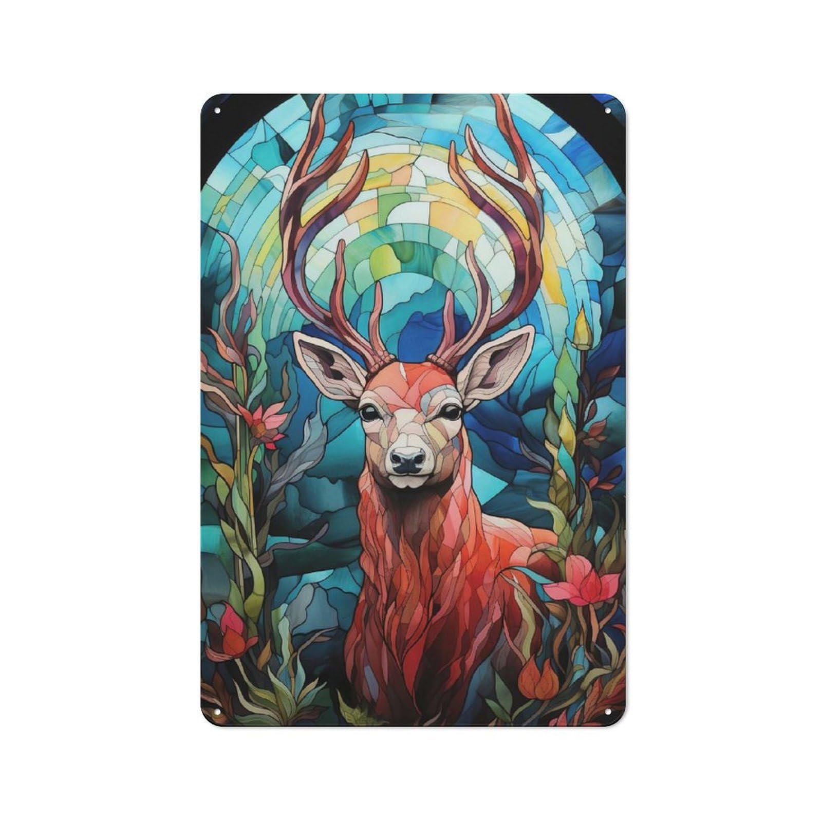 Junmoney Stained Glass Deer Portrait Shed Metal Sign With Design 30X20cm, Outdoor Room Utility Space Decor For Greenhouse, Garden Room, Cafe Or Entryway