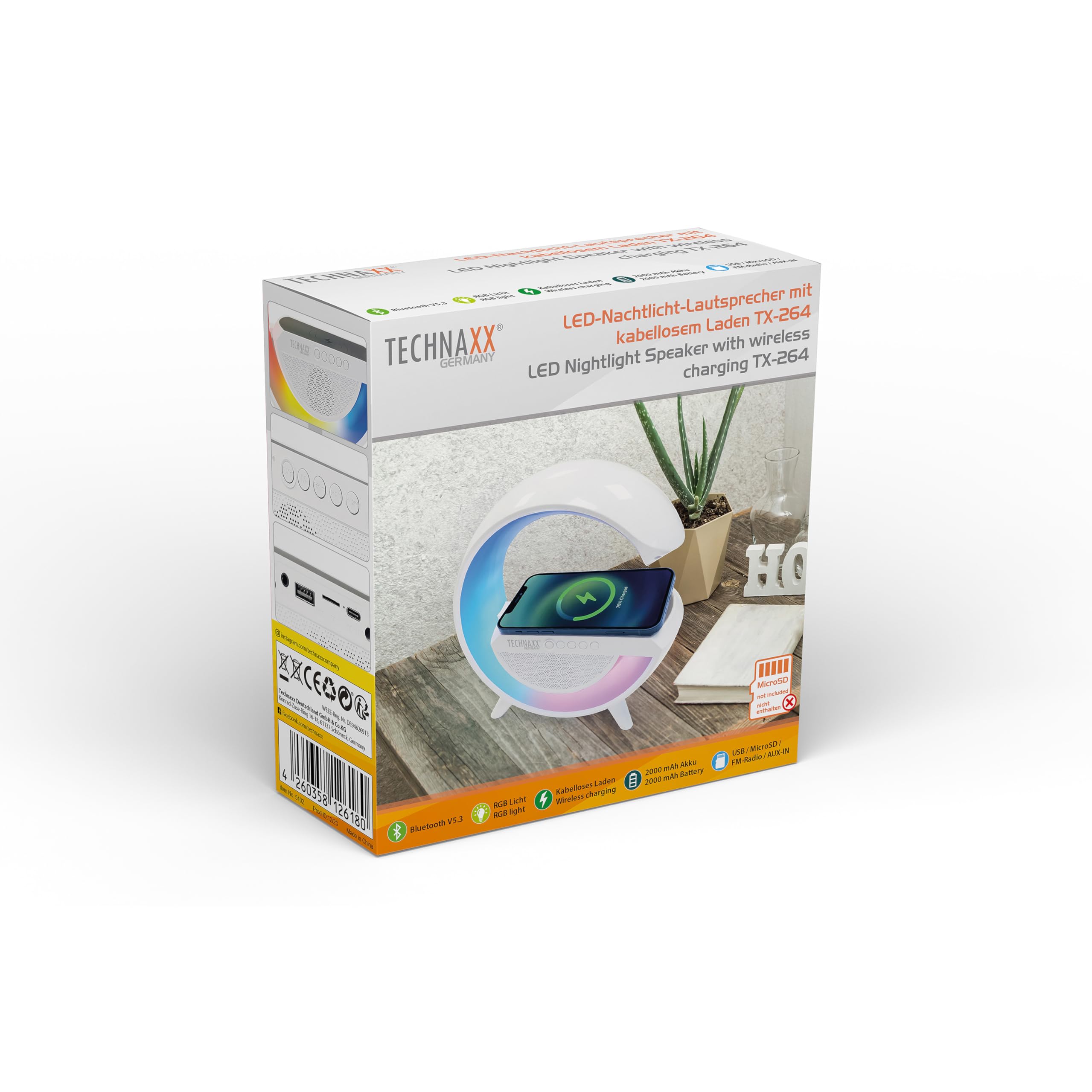 Technaxx Lampada da Comodino LED con Altoparlante Bluetooth e Ricarica Wireless 10W, Luce RGB Atmosfera, Caricatore Qi, USB MicroSD Radio FM AUX, Vivavoce, Stazione Multifunzione TX-264
