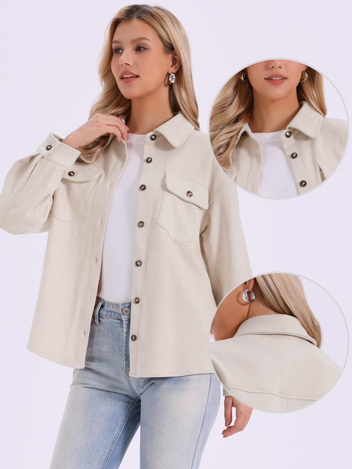 Allegra K Faux Suede Jacket for Women's Turn-Down Collar Long Sleeve Casual Button Down Jackets - Image 3