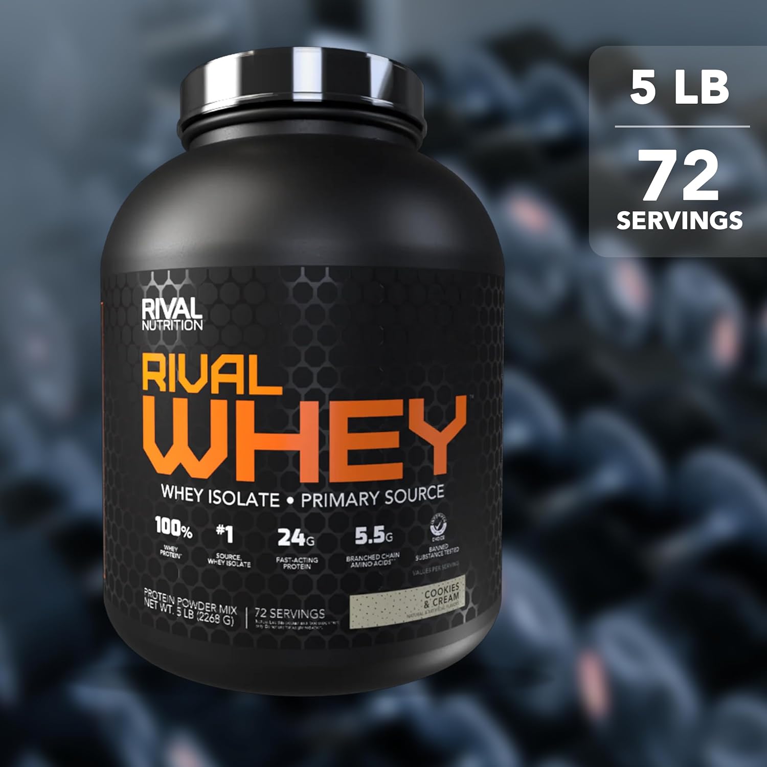 Rival Nutrition Rival Whey Cookies & Cream Protein Powder 5 Lb, 72 Servings I 100% of Protein from Whey I Isolate Primary Source I 24g Protein, 5.5g BCAAs Per Scoop I Recovery, Active Lifestyles