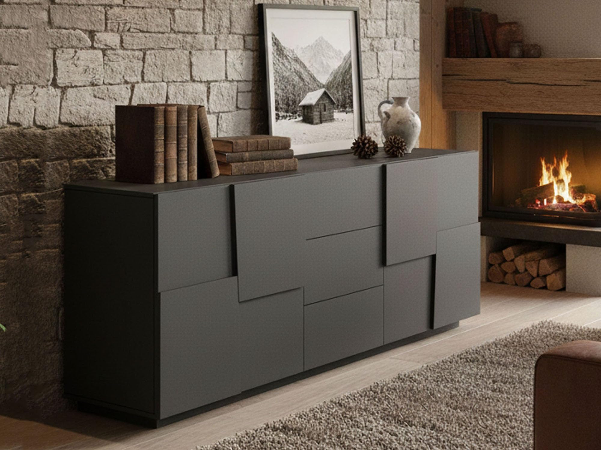 Dmora - Credenza Yoel, Buffet da soggiorno, Madia da salotto con 4 ante e 3 cassetti, 220x44h86 cm, Antracite