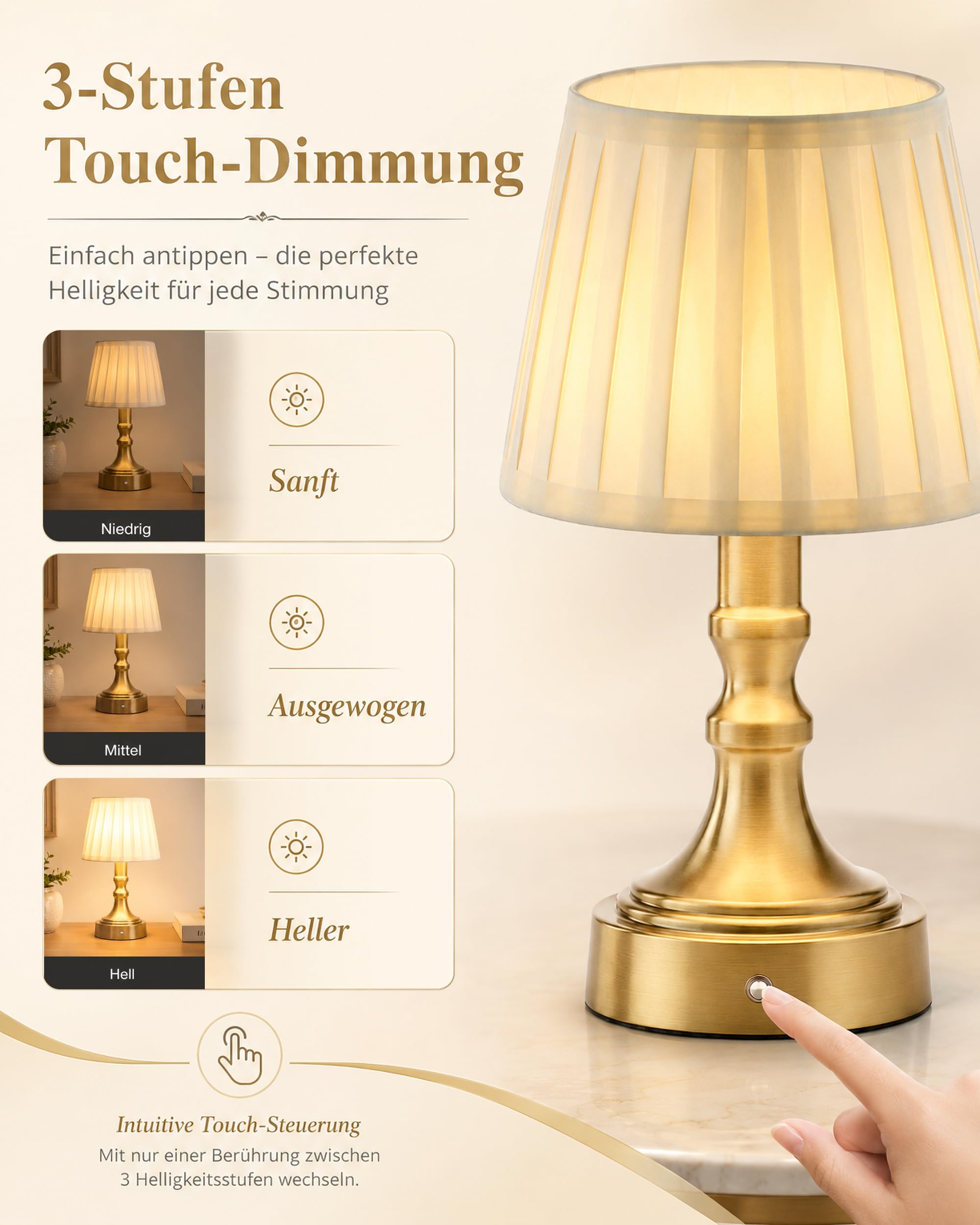 ACMHNC Tischlampe Kabellos Vintage mit Akku, Gold, 2700K, Touch Dimmbar | USB-C Aufladbar LED Nachttischlampe, Stoffschirm, 4000 mAh, 34 cm für Esstisch Schlafzimmer Balkon