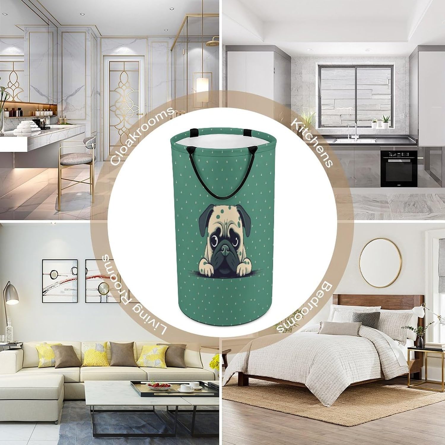 Pug Green Polka Dot Large Capacity Laundry Baskets,Collapsible Clothes Hamper with Handles，Laundry Hampers for Bathroom,Bedroom,Towels