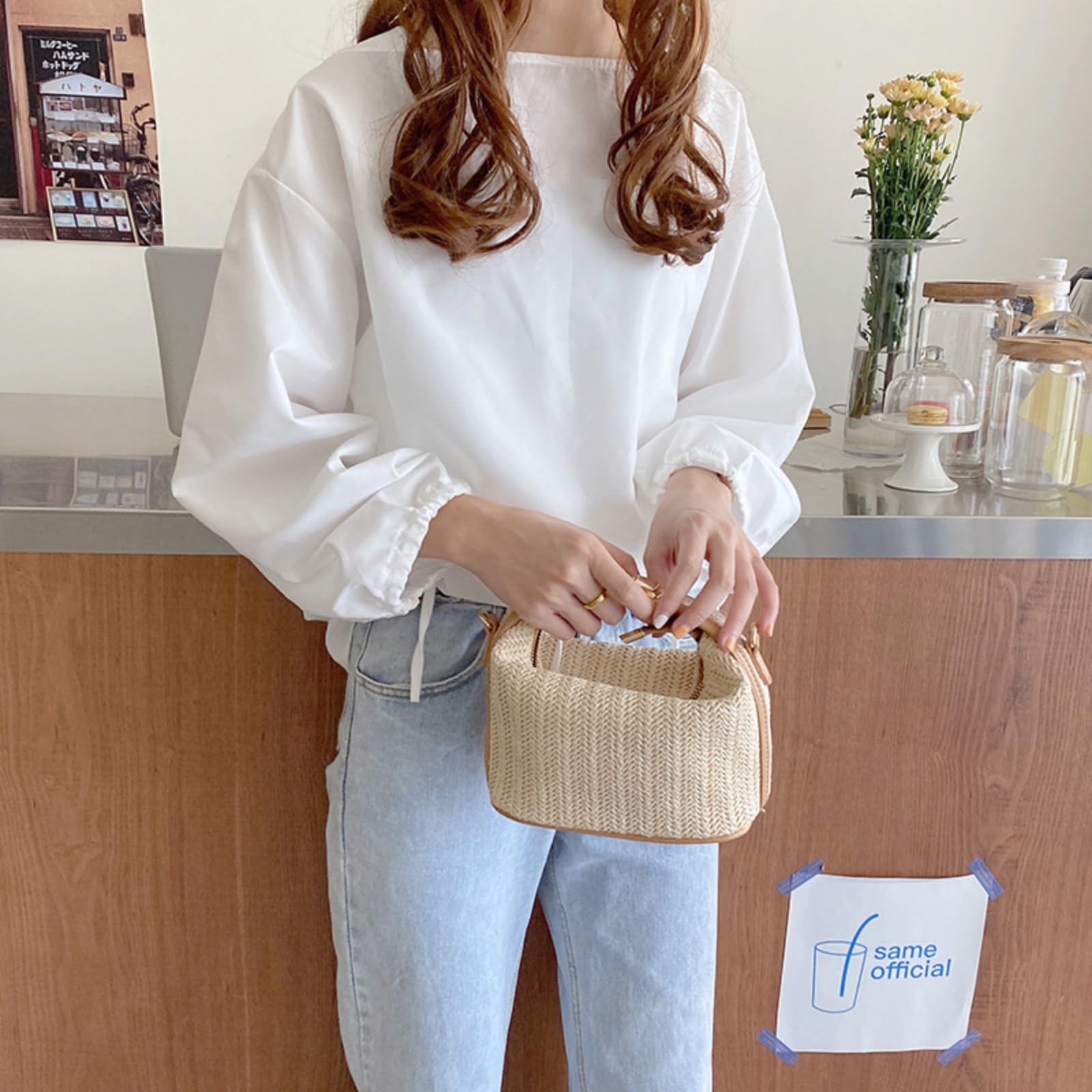 Straw Crossbody Bag for Women, Top Handle Woven Purse, Summer Handmade Bucket Clutch Fashion Beach Raffia Tote Handbag