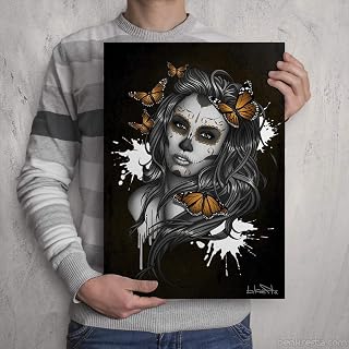 Sugar Skull Girl with Butterflies - Day of the Dead Gift - Signed Tattoo Art Print - A3 Size