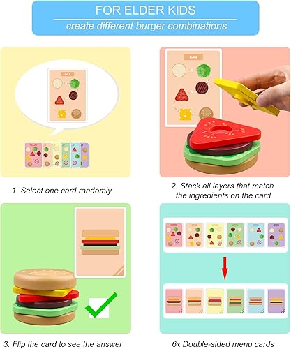 Miniatura 5 de Juguete de hamburguesa apilable, juguete Montessori para niños de 1, 2 y 3 años, juguetes preescolares, juguete educativo de madera para bebé, juego