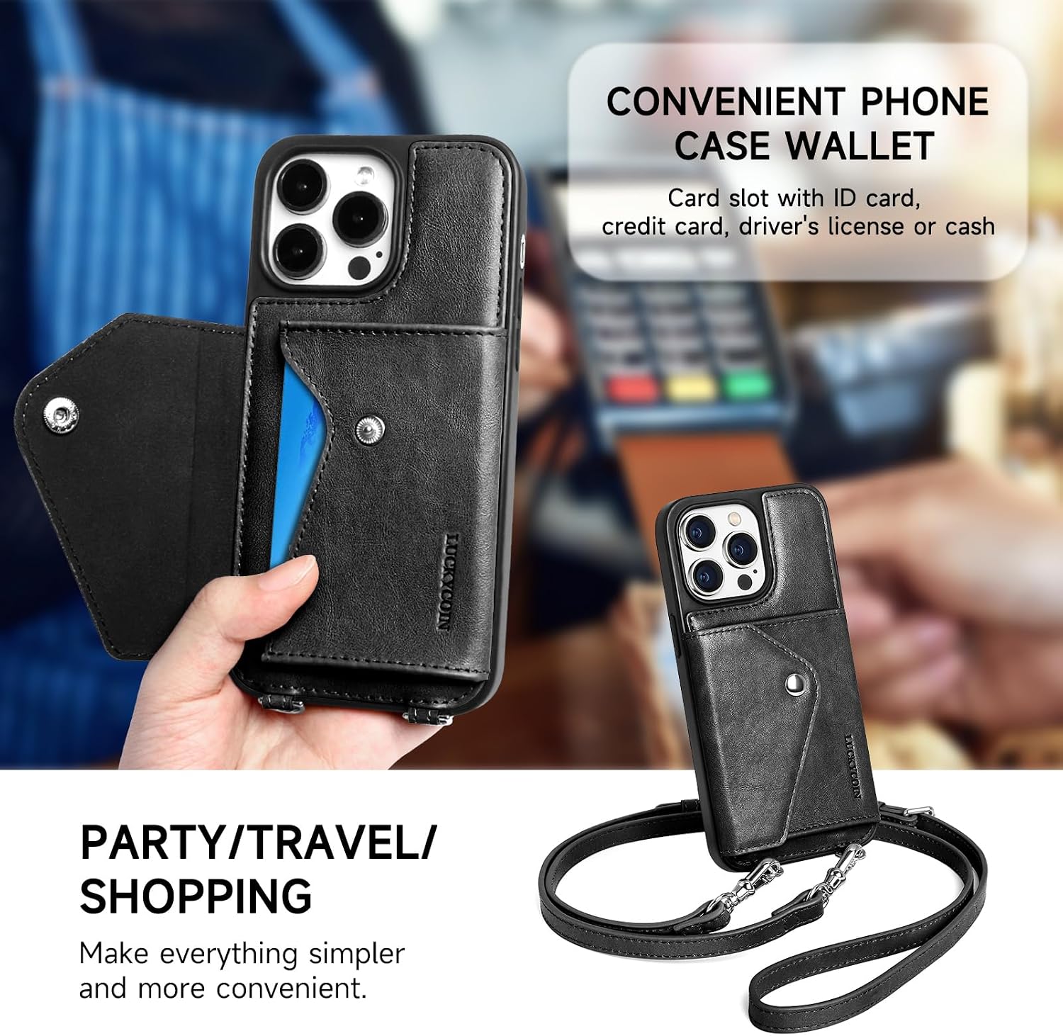 LUCKYCOIN Genuine Leather Crossbody Wallet Phone Case for iPhone 14 Pro Max image 5