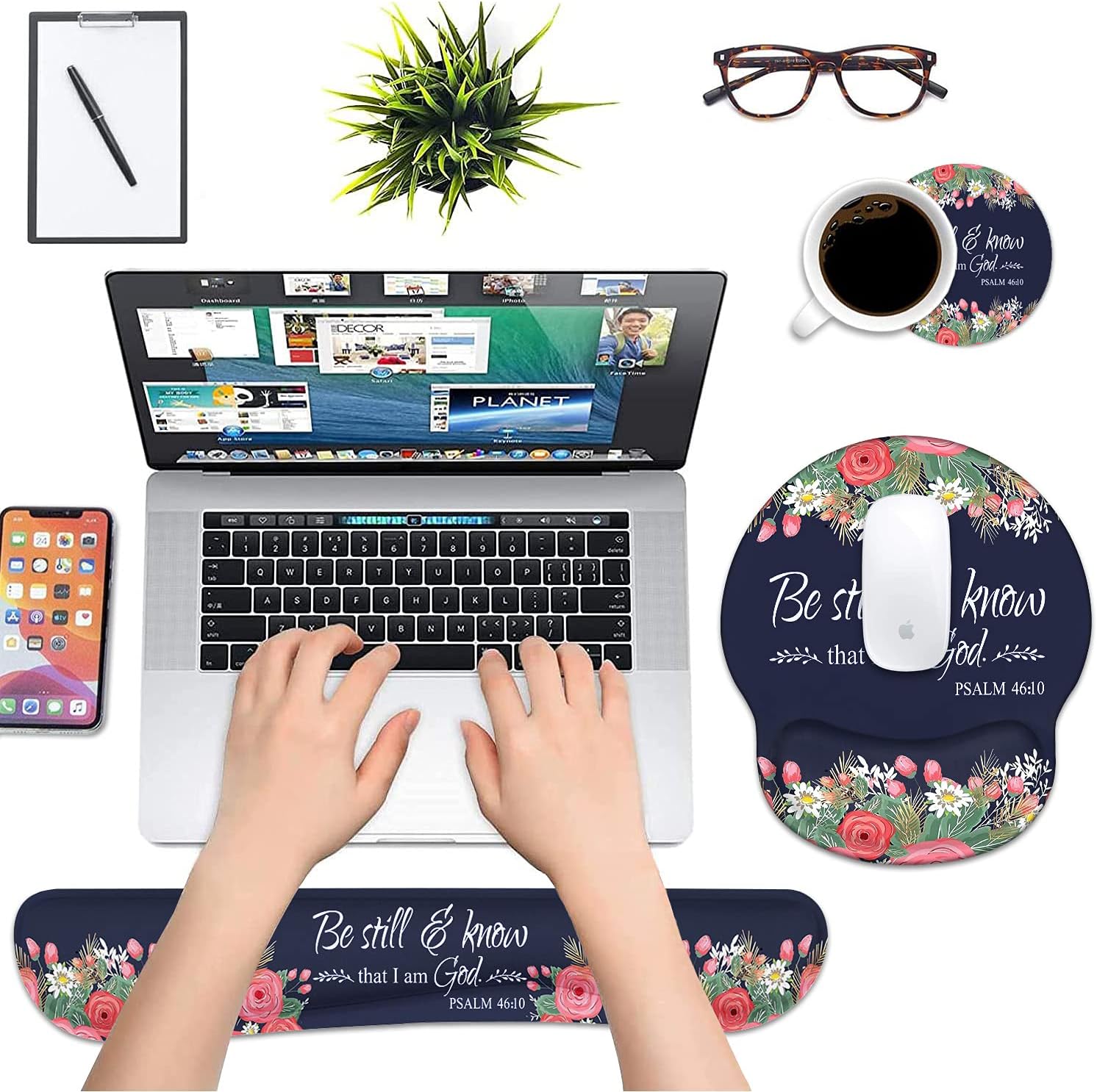 Keyboard Wrist Rest and Mouse Pad Support, Non-Slip PU Base Ergonomic Gaming Mousepad for Home Office Working Studying Easy Typing & Pain Relief - Floral Quote Bible Verses Psalm 46:10