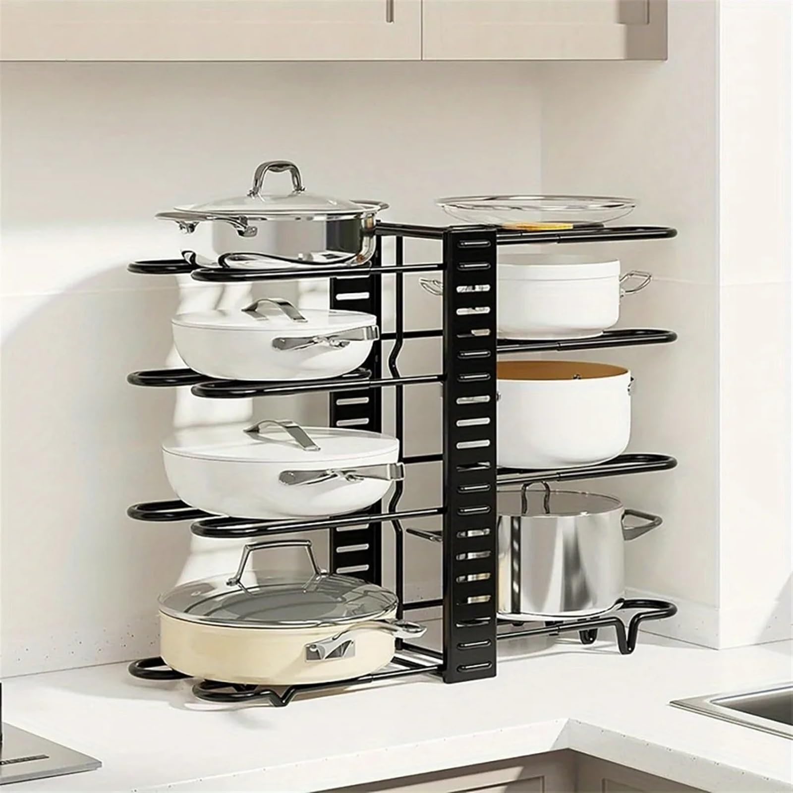 Portapentole Organizer for portapentole da cucina regolabile | Robusto porta pentole e pentole, ripiano in metallo salvaspazio for armadietto(5 Tier)