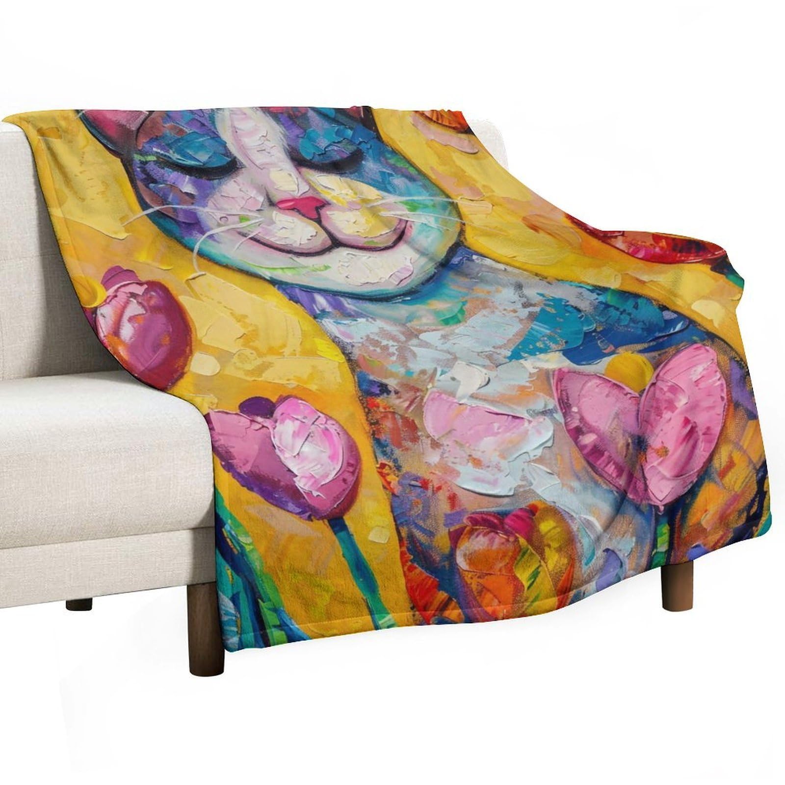 YHGSREUOH Happy Cat in Tulip Garden 01 Flannel Blankets Fleece Soft Throw Lightweight Plush Gifts for Couch, Bed, Cozy Sofa Plush, Chair, Lovers 130x150cm(50x60in)
