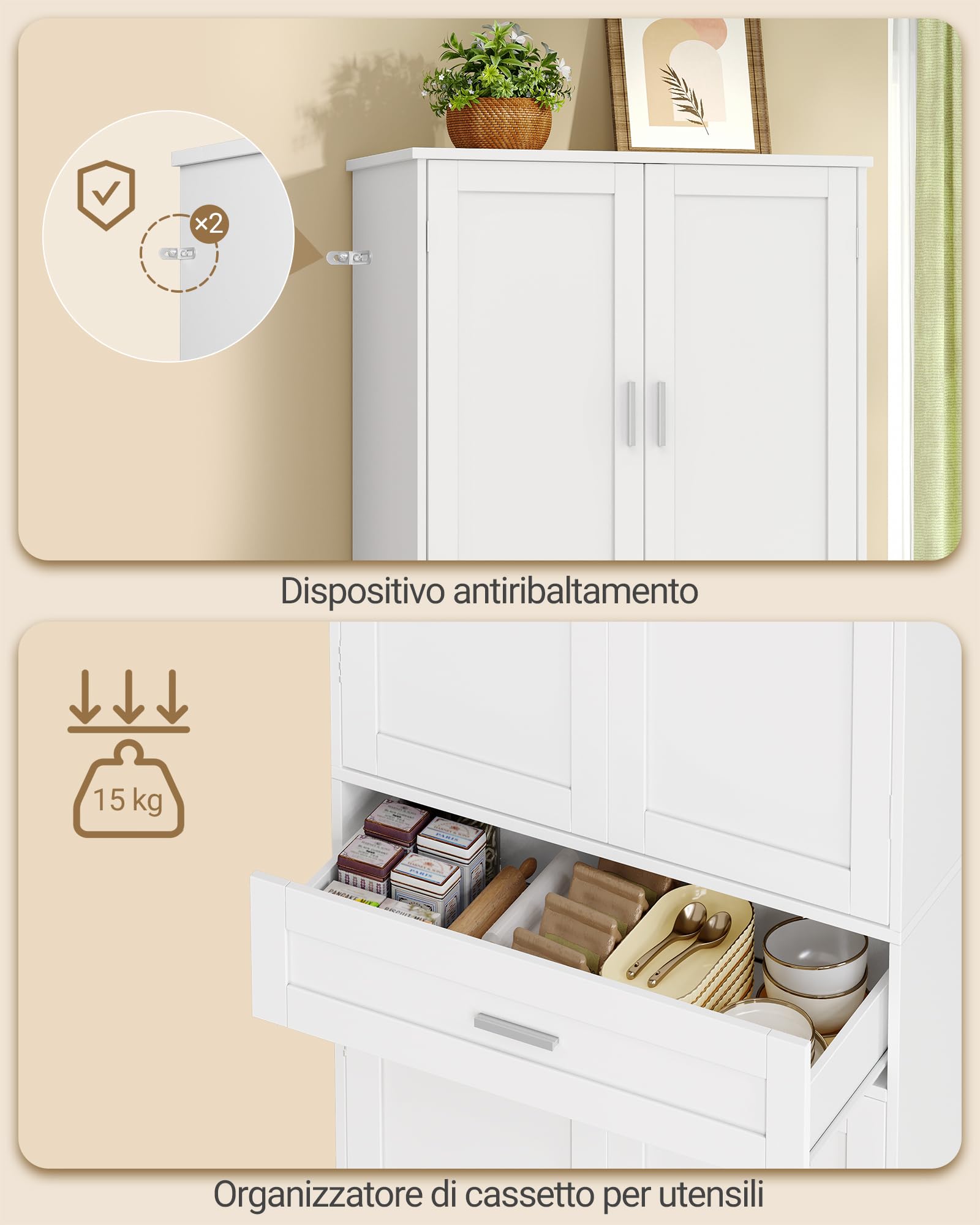 Hzuaneri Credenza Cucina, Mobile Alto da Cucina, 4 Ante, 1 Ampio Cassetto Grande, Scaffale Portaoggetti Dietro la Porta, 40 x 80 x 180 cm, Moderno, Cucinas, Soggiorno, Bianco PT21003X